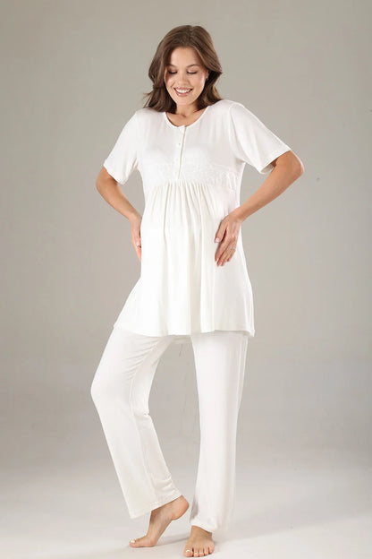 Önden Düğmeli Çiçekli Sabahlıklı Lohusa Hamile Pijama Takımı Pembe- 813