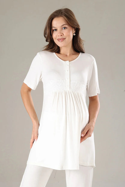 Önden Düğmeli Çiçekli Sabahlıklı Lohusa Hamile Pijama Takımı Pembe- 813