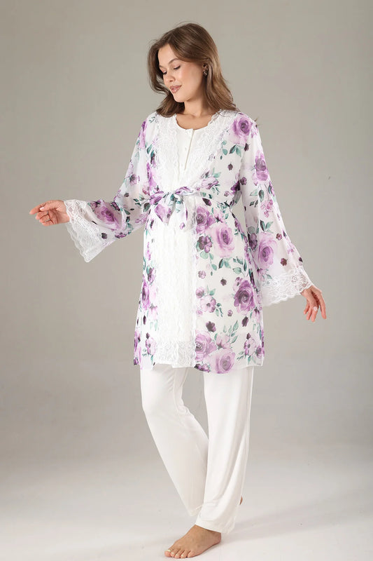Önden Düğmeli Çiçekli Sabahlıklı Lohusa Hamile Pijama Takımı Lila - 815