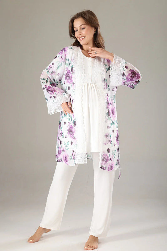 Önden Düğmeli Çiçekli Sabahlıklı Lohusa Hamile Pijama Takımı Lila - 815