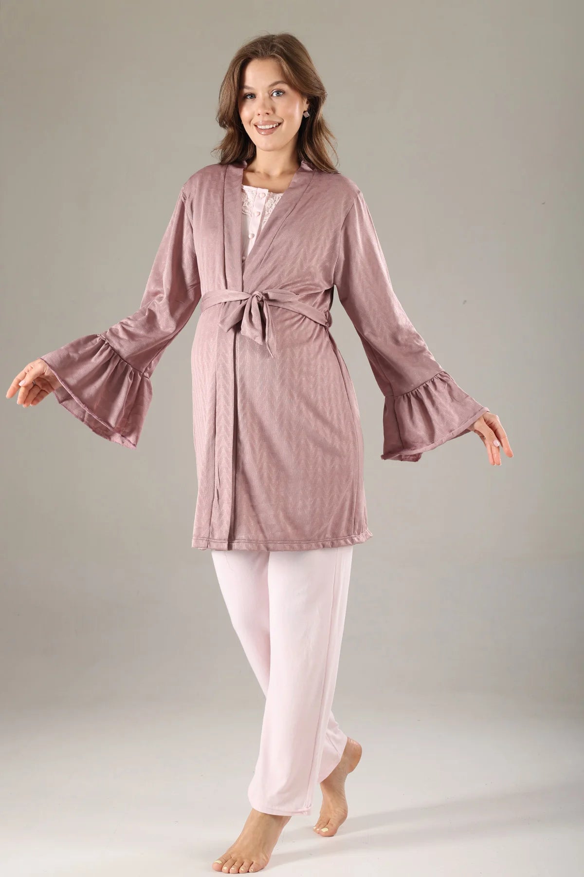 Önden Düğmeli Dantel Yaka Sabahlıklı Lohusa Hamile Pijama Takımı Gülkurusu - 817