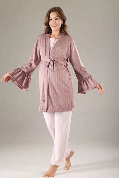 Önden Düğmeli Dantel Yaka Sabahlıklı Lohusa Hamile Pijama Takımı Gülkurusu - 817