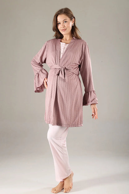 Önden Düğmeli Dantel Yaka Sabahlıklı Lohusa Hamile Pijama Takımı Gülkurusu - 817
