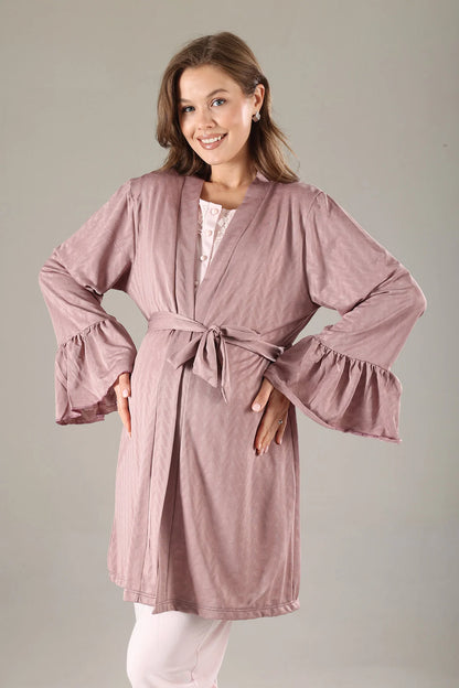 Önden Düğmeli Dantel Yaka Sabahlıklı Lohusa Hamile Pijama Takımı Gülkurusu - 817