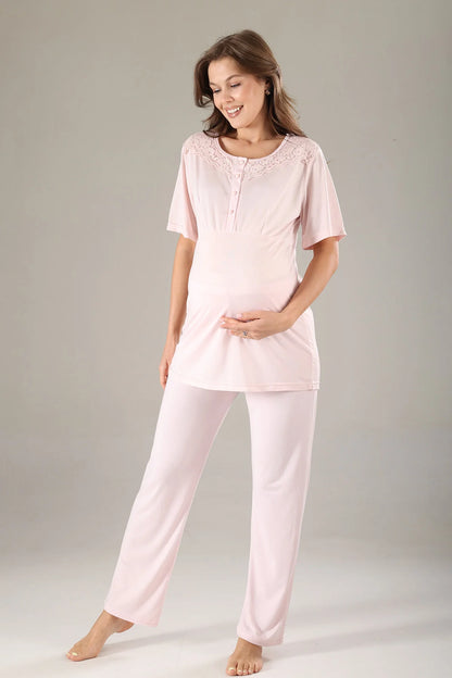 Önden Düğmeli Dantel Yaka Sabahlıklı Lohusa Hamile Pijama Takımı Gülkurusu - 817