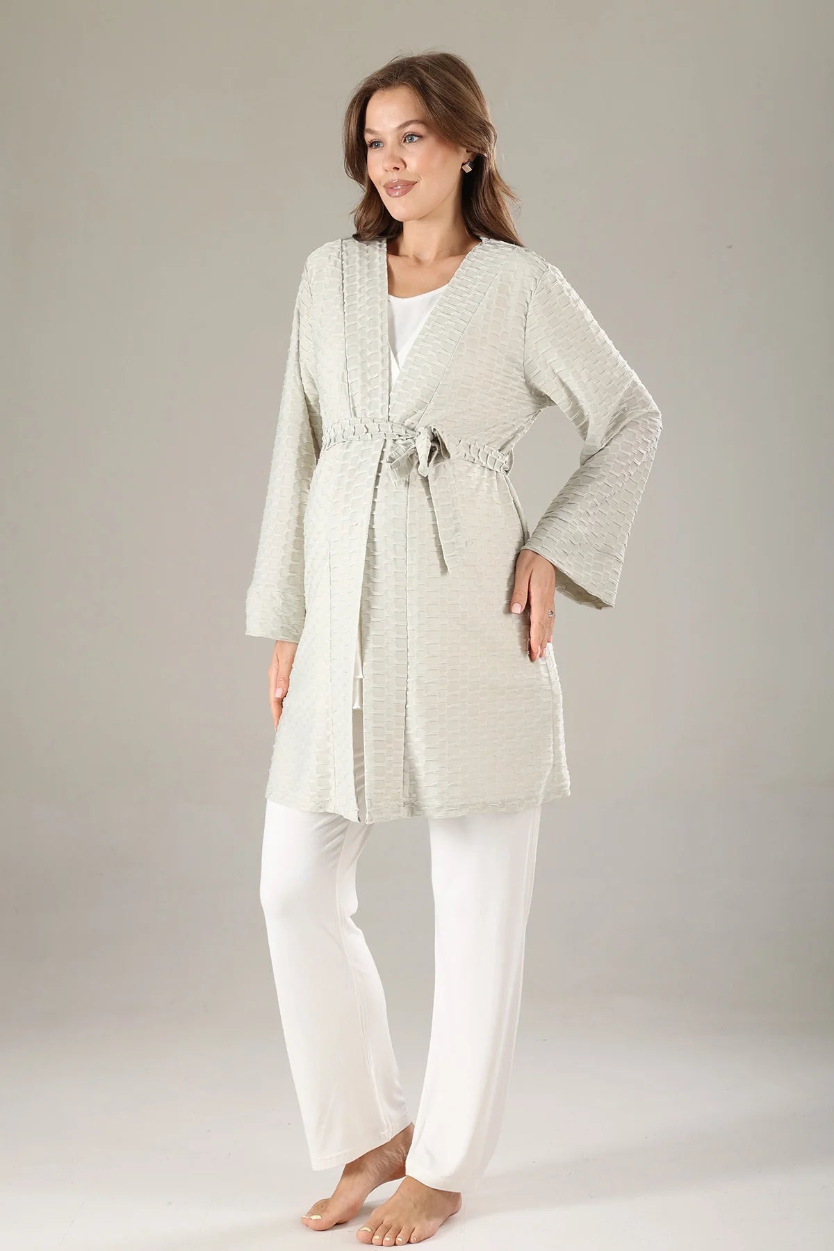 Gizli Emzirme Özellikli Sabahlıklı Pileli Lohusa Hamile Pijama Takımı Yeşil - 819