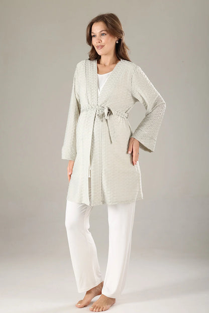 Gizli Emzirme Özellikli Sabahlıklı Pileli Lohusa Hamile Pijama Takımı Yeşil - 819