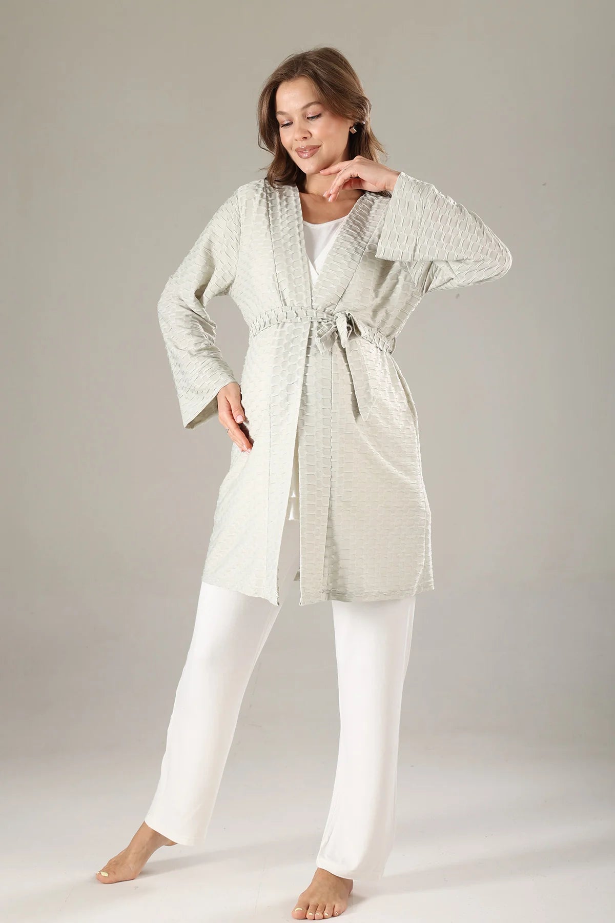 Gizli Emzirme Özellikli Sabahlıklı Pileli Lohusa Hamile Pijama Takımı Yeşil - 819