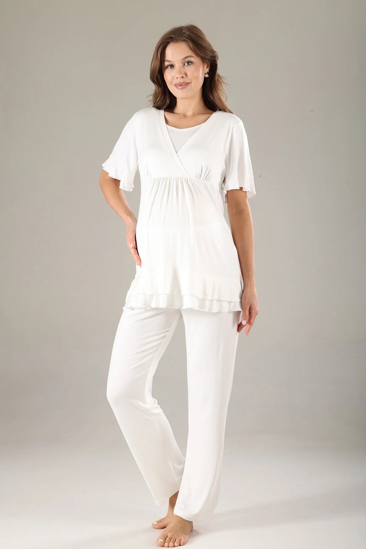 Gizli Emzirme Özellikli Sabahlıklı Pileli Lohusa Hamile Pijama Takımı Yeşil - 819