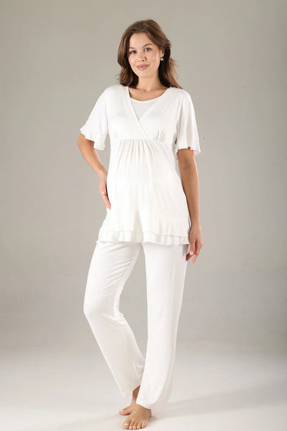 Gizli Emzirme Özellikli Sabahlıklı Pileli Lohusa Hamile Pijama Takımı Yeşil - 819