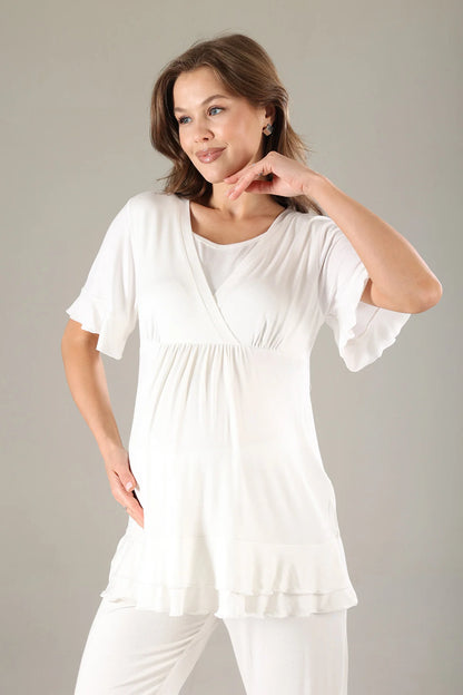 Gizli Emzirme Özellikli Sabahlıklı Pileli Lohusa Hamile Pijama Takımı Yeşil - 819