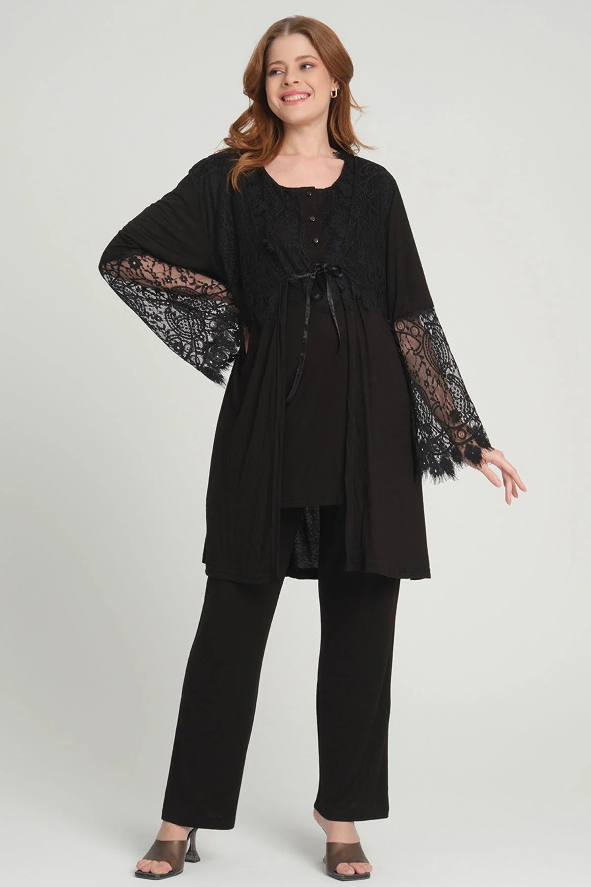 Dantel Kollu Sabahlıklı Lohusa Pijama Takımı Siyah - 1218
