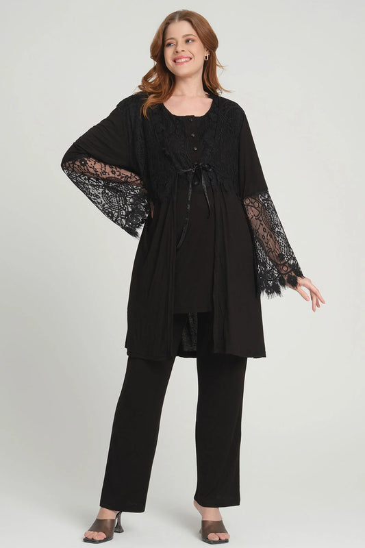 Dantel Kollu Sabahlıklı Lohusa Pijama Takımı Siyah - 1218