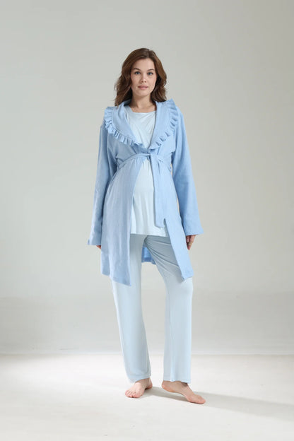 Mavi Kışlık Bebe Yaka Sabahlıklı Kruvaze Lohusa Hamile 3'Lü Pijama Takımı Mavi -1039