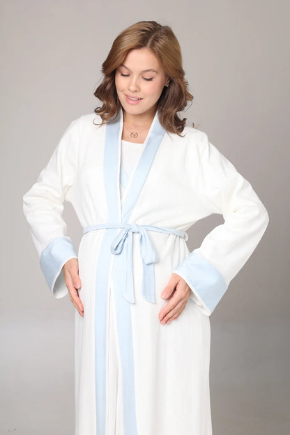 Kışlık Kendinden Desenli Mavi Şerit Detaylı Sabahlıklı Lohusa Hamile Gecelik Takımı Mavi -1017