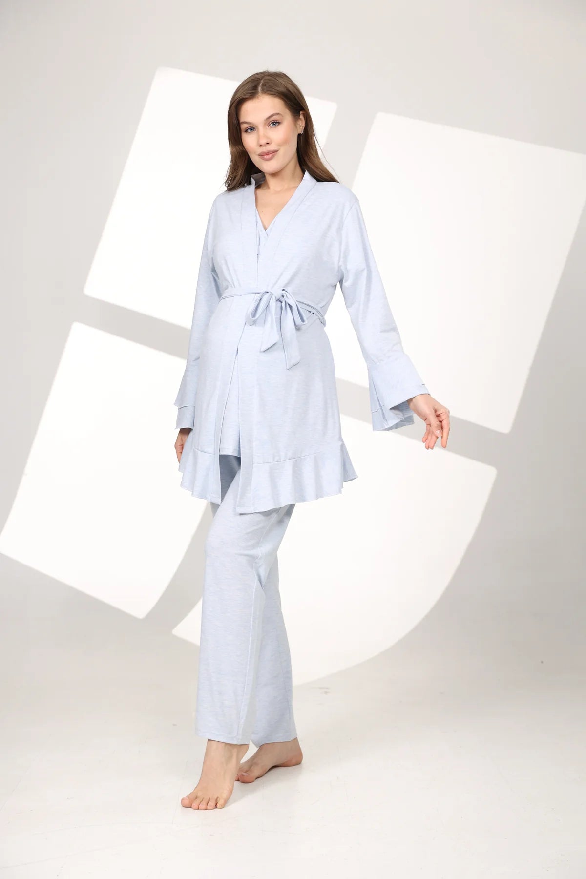 Yumuşak Dokulu Sabahlıklı Kruvaze Lohusa Hamile Pijama Takımı Mavi- 585