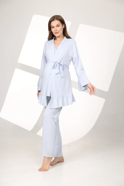 Yumuşak Dokulu Sabahlıklı Kruvaze Lohusa Hamile Pijama Takımı Mavi- 585