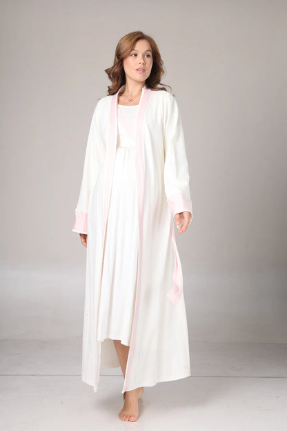 Kışlık Kendinden Desenli Pembe Şerit Detaylı Sabahlıklı Lohusa Hamile Gecelik Takımı Pembe-1016