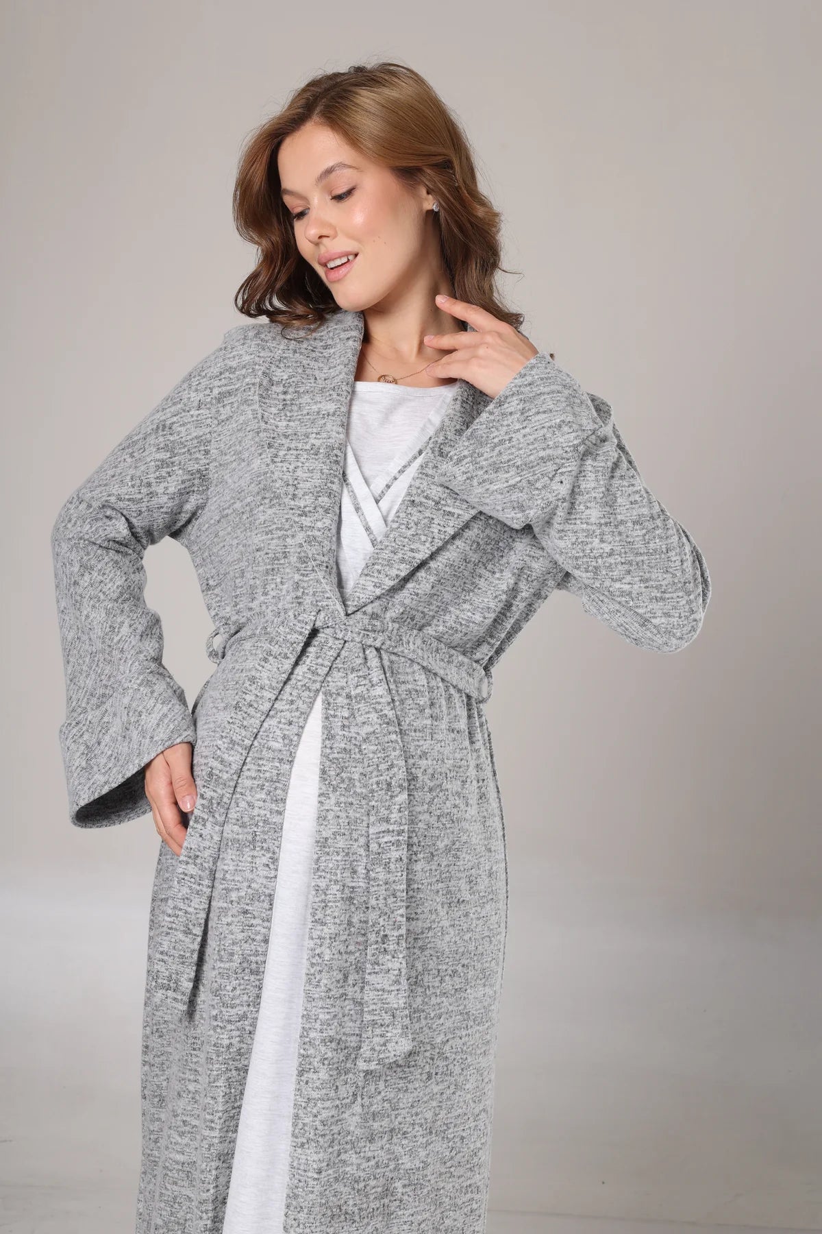 Kışlık Polarlı Sabahlıklı Lohusa Hamile Gecelik Takımı Gri  -1007