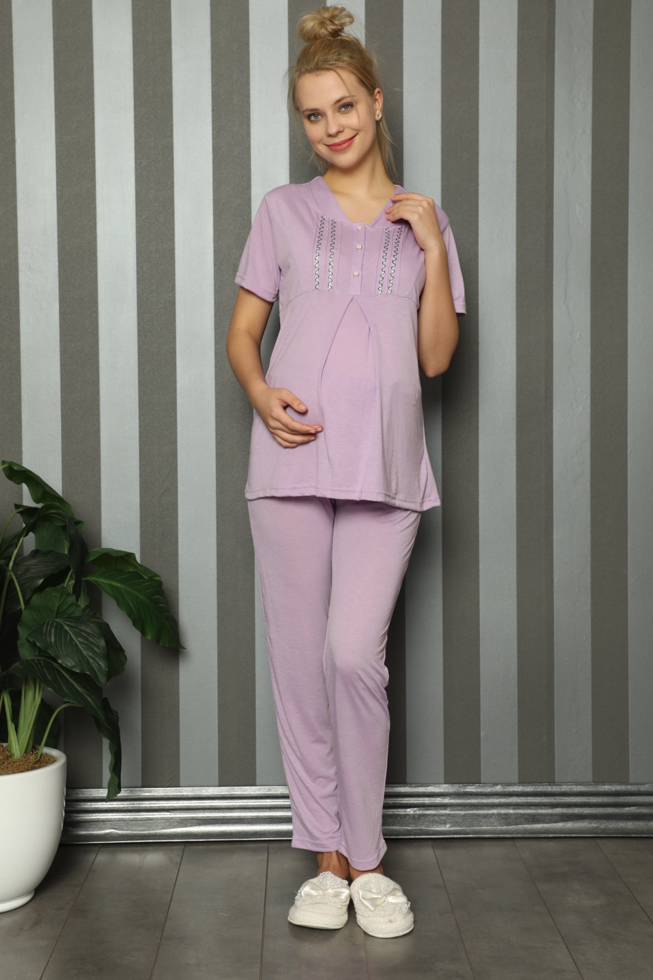 Önden Düğmeli Lohusa Hamile Pijama Takımı -  1143