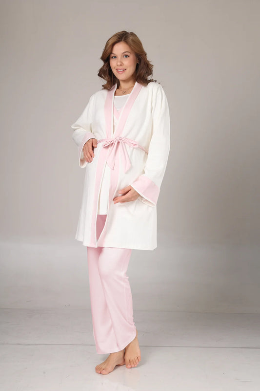 Kışlık Pamuk Sabahlıklı Pembe Şeritli Lohusa Pijama Takımı-1032