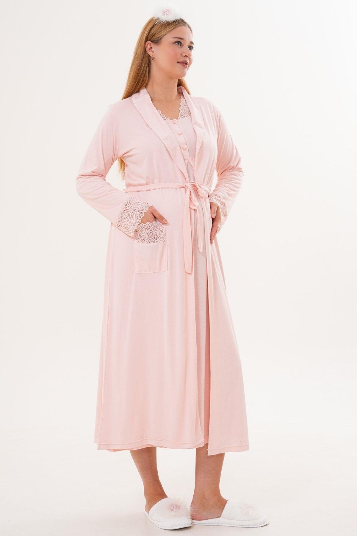 2’Li Sabahlık Gecelik Takımı - Dantel Detay Lohusa Hamile Takım Pembe - 6331