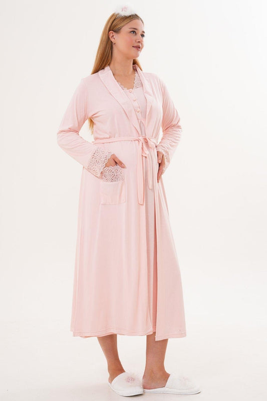 2’Li Sabahlık Gecelik Takımı - Dantel Detay Lohusa Hamile Takım Pembe - 6331