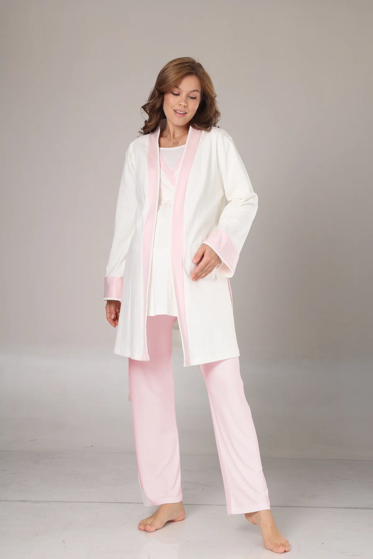 Kışlık Pamuk Sabahlıklı Pembe Şeritli Lohusa Pijama Takımı-1032