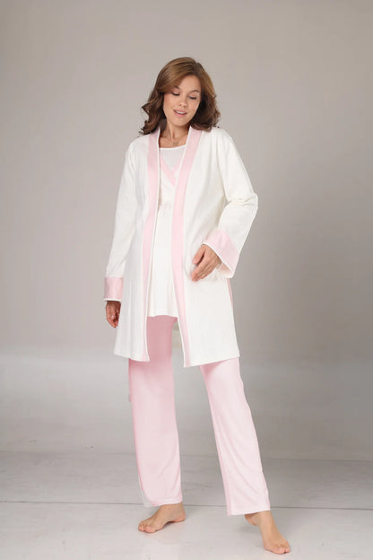 Kışlık Pamuk Sabahlıklı Pembe Şeritli Lohusa Pijama Takımı-1032