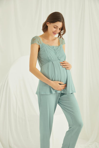 Dantelli Omuz Sabahlıklı Lohusa Pijama Takımı - 18468