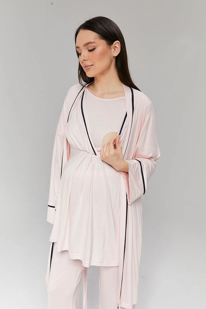 Biyeli Sabahlıklı Kruvaze Lohusa Pijama Takımı Pembe  - 517