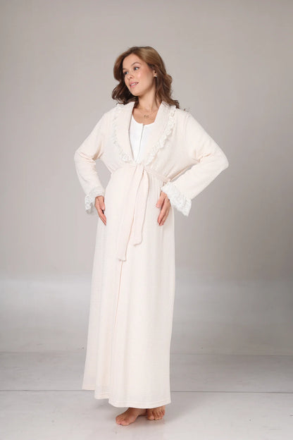 Yakası Fırfırlı Kışlık Sabahlıklı Lohusa Hamile Gecelik Takımı Krem- 1023
