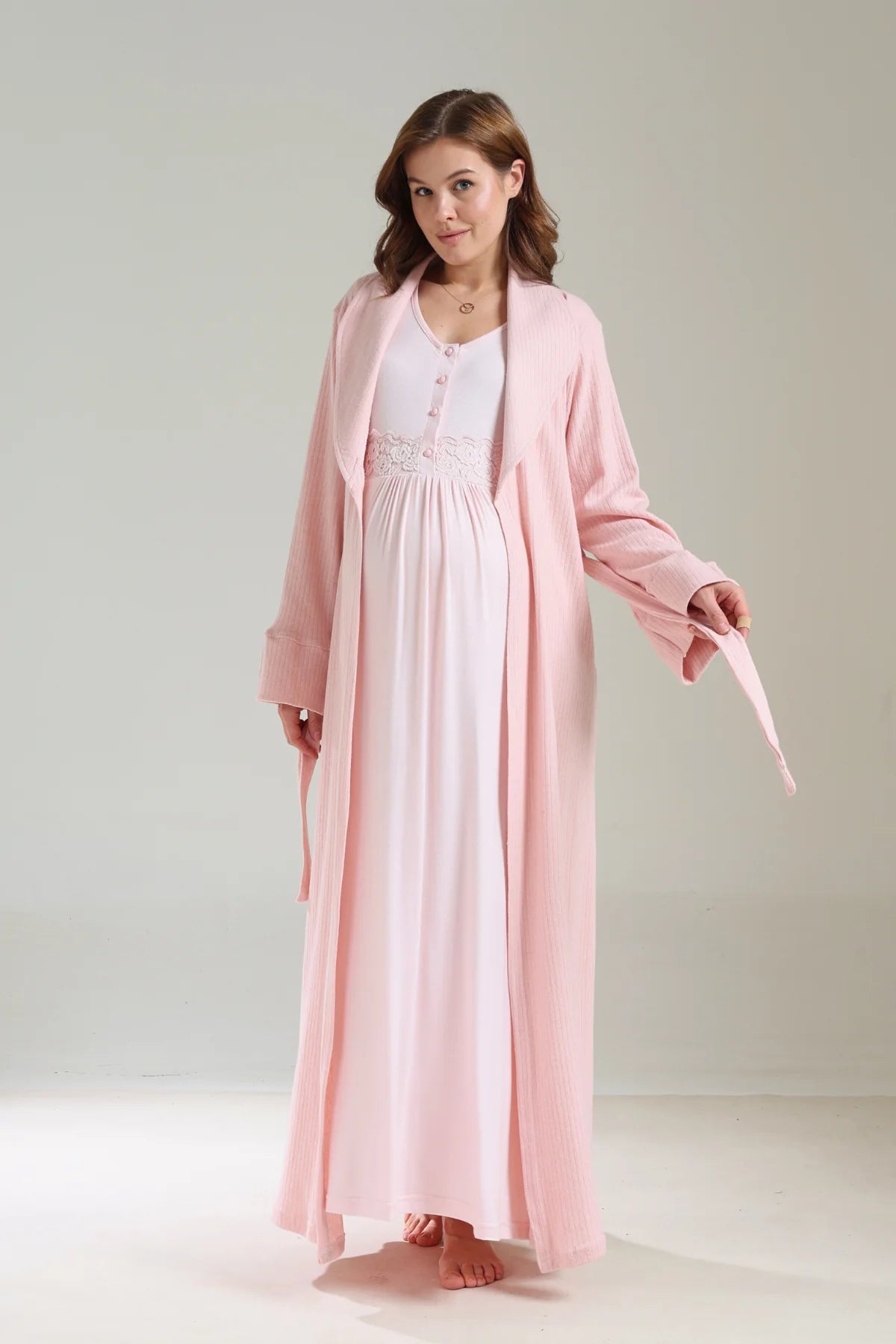 Yumuşak Dokulu Kalın Kışlık Sabahlıklı Lohusa Hamile Gecelik Takımı Pudra - 1037