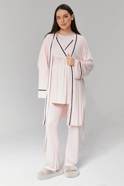 Biyeli Sabahlıklı Kruvaze Lohusa Pijama Takımı Pembe  - 517