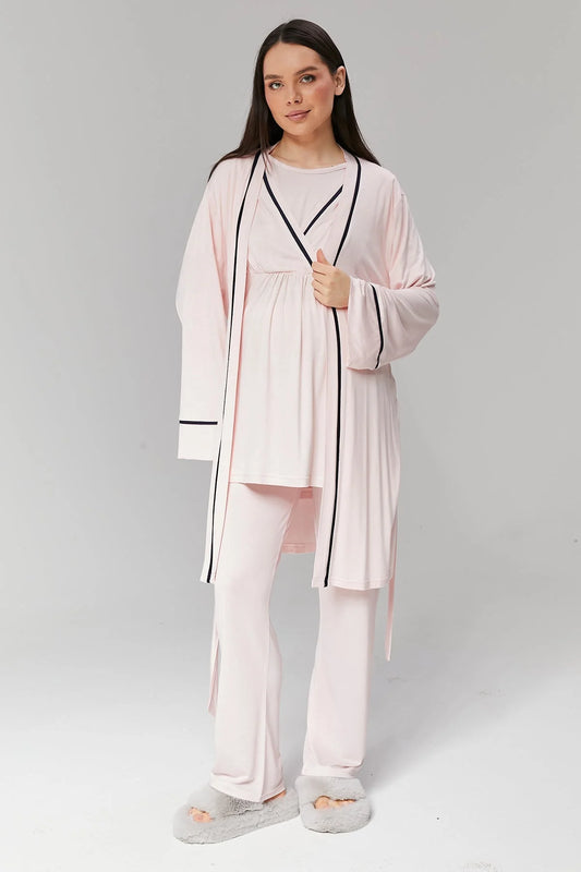 Biyeli Sabahlıklı Kruvaze Lohusa Pijama Takımı Pembe  - 517