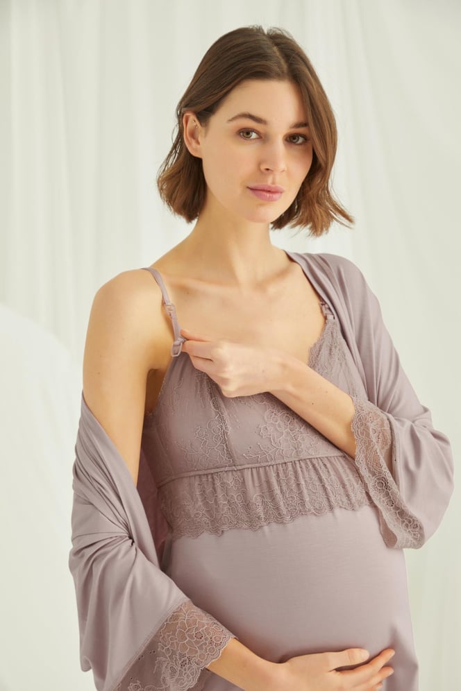 Askılı Dantelli Sabahlıklı Lohusa Pijama Takımı - 18431