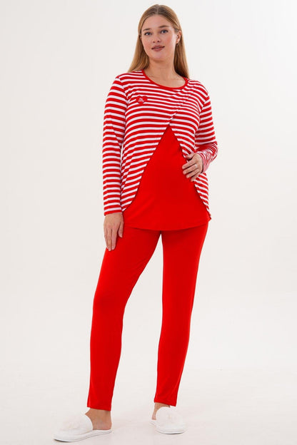 Likralı Spor Hamile Lohusa Pijama Takımı Kırmızı- 6303