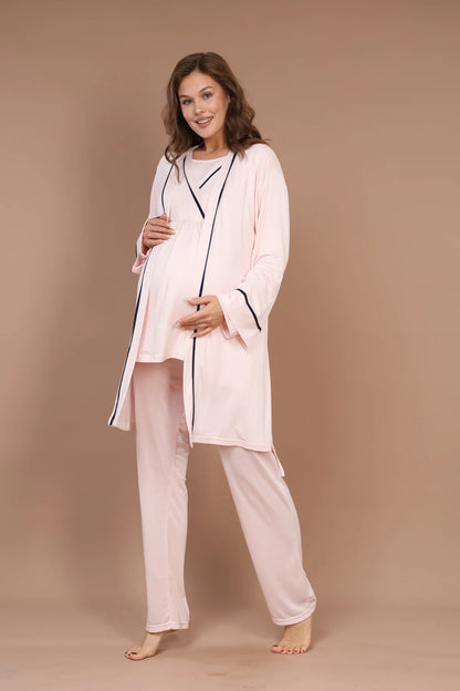Biyeli Uzun Kollu Sabahlıklı Gizli Emzirme Özellikli Lohusa Hamile Pijama Takımı Pembe - 546