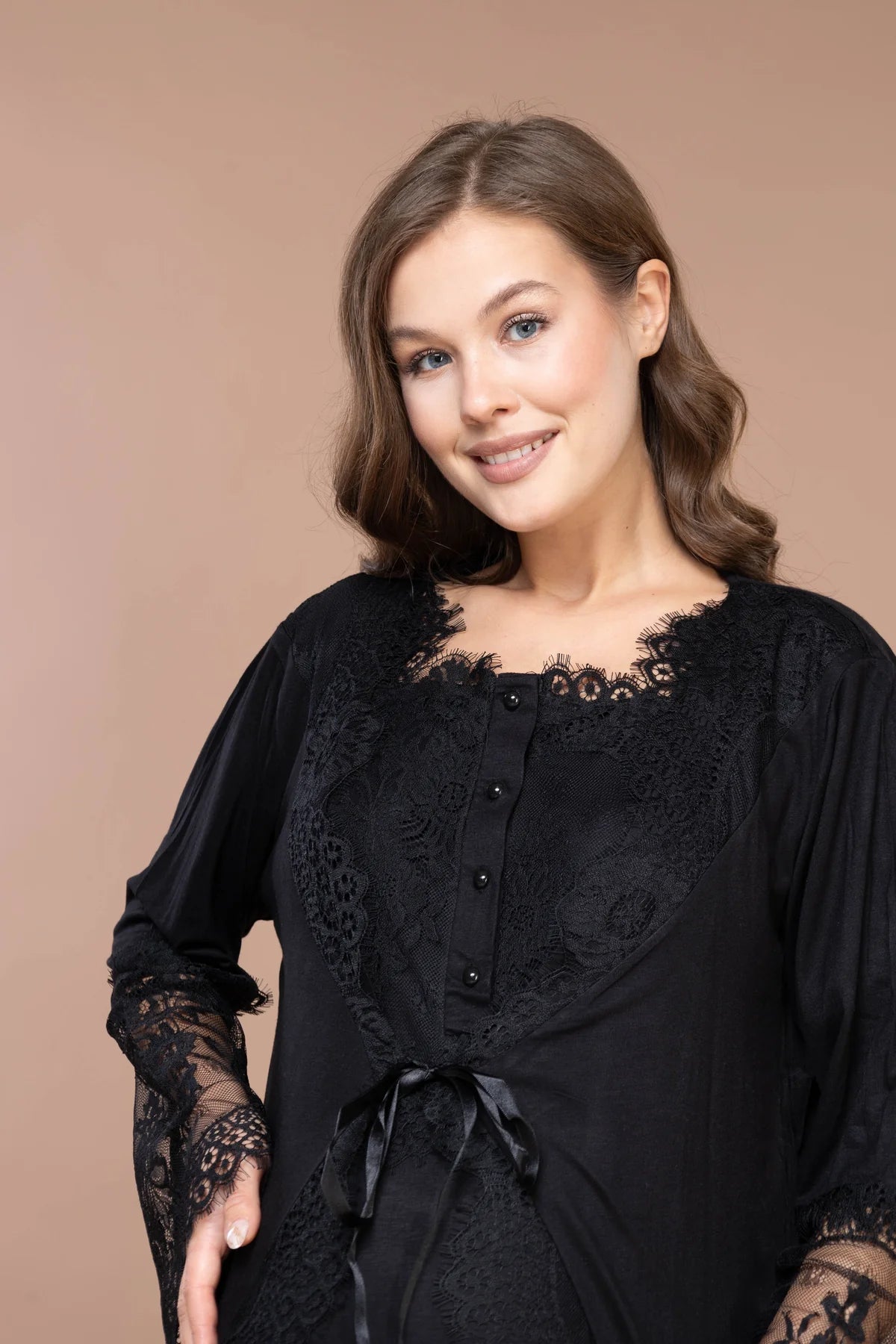 Güpürlü Sabahlıklı Lohusa Pijama Takımı Siyah  - 2383