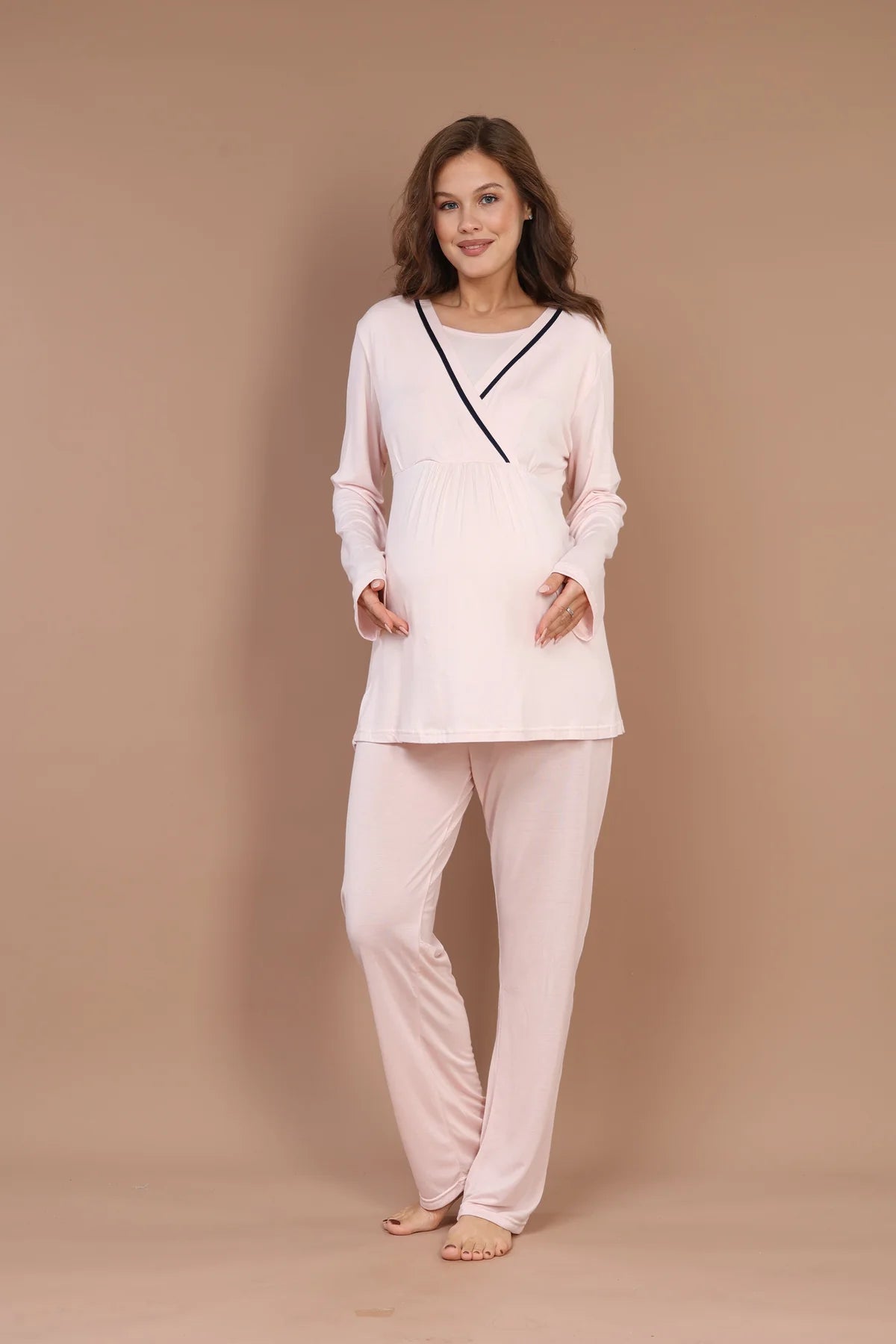 Biyeli Uzun Kollu Sabahlıklı Gizli Emzirme Özellikli Lohusa Hamile Pijama Takımı Pembe - 546