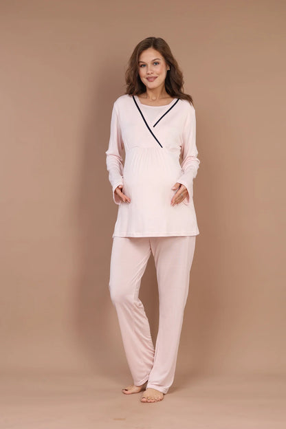 Biyeli Uzun Kollu Sabahlıklı Gizli Emzirme Özellikli Lohusa Hamile Pijama Takımı Pembe - 546