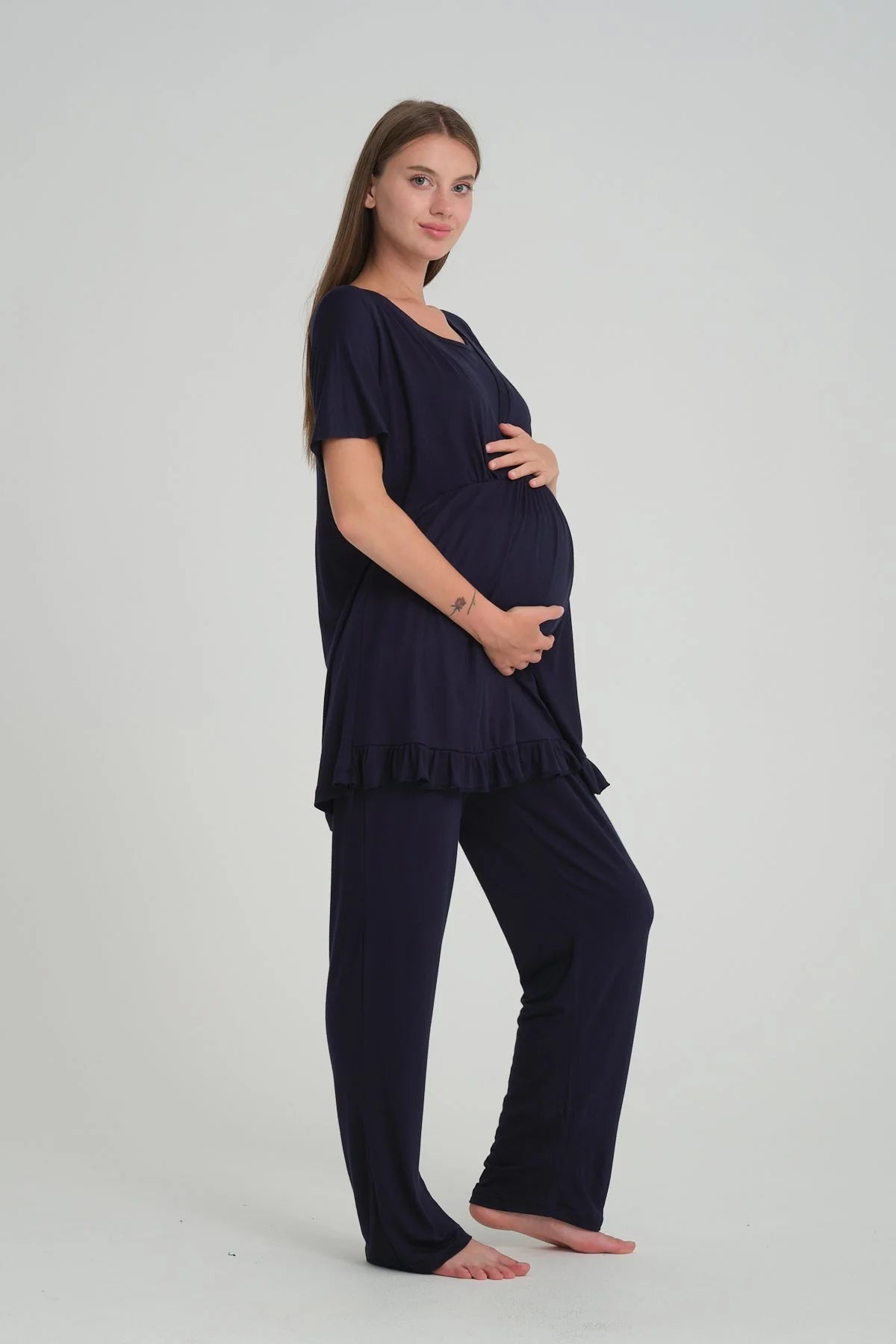 Sabahlıklı V Yaka Emzirme Özellikli Lohusa Pijama Takımı  Lacivert - 532