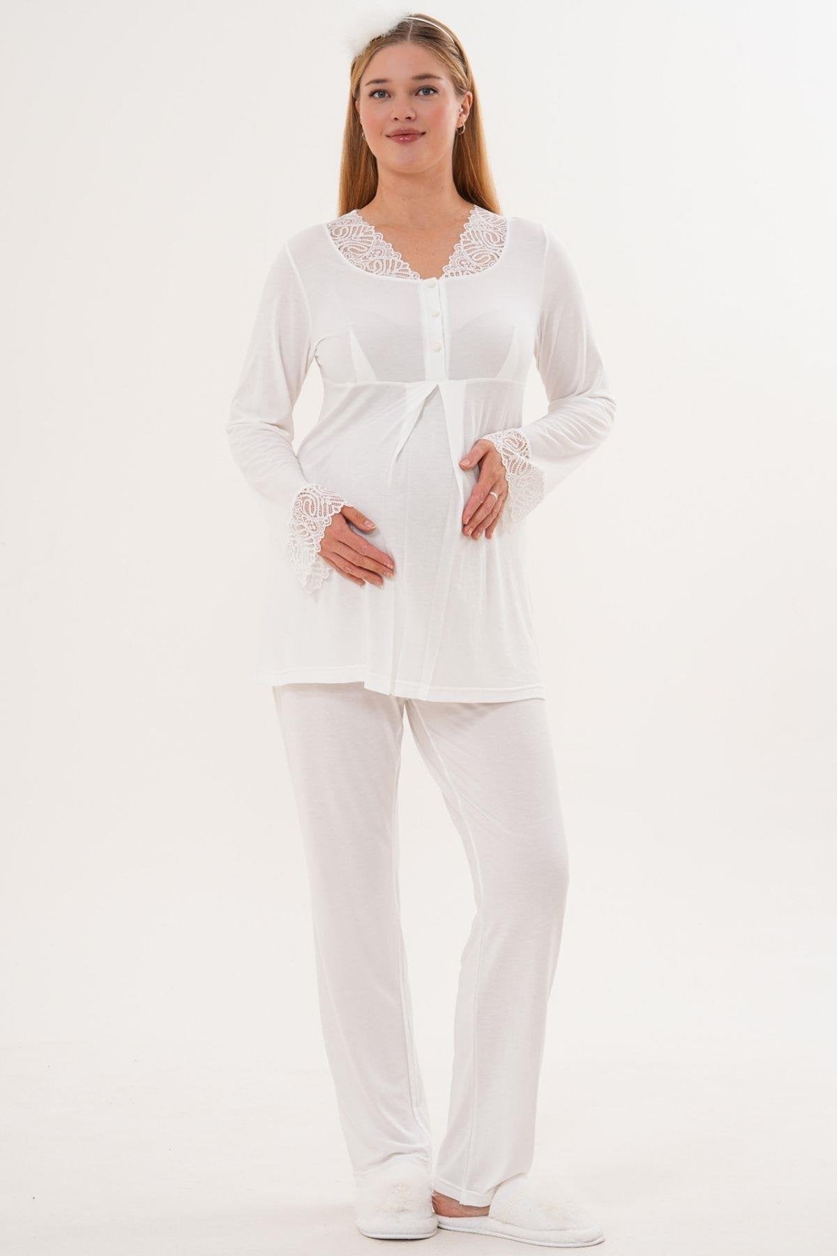 3’Lü Pijama Takımı - Sabahlıklı Dantel Detay Lohusa Hamile Takım Ekru- 6330