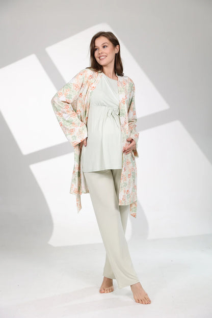 Çiçekli Kruvaze Sabahlıklı Lohusa Hamile Pijama Takımı Mint Yeşili  -  713