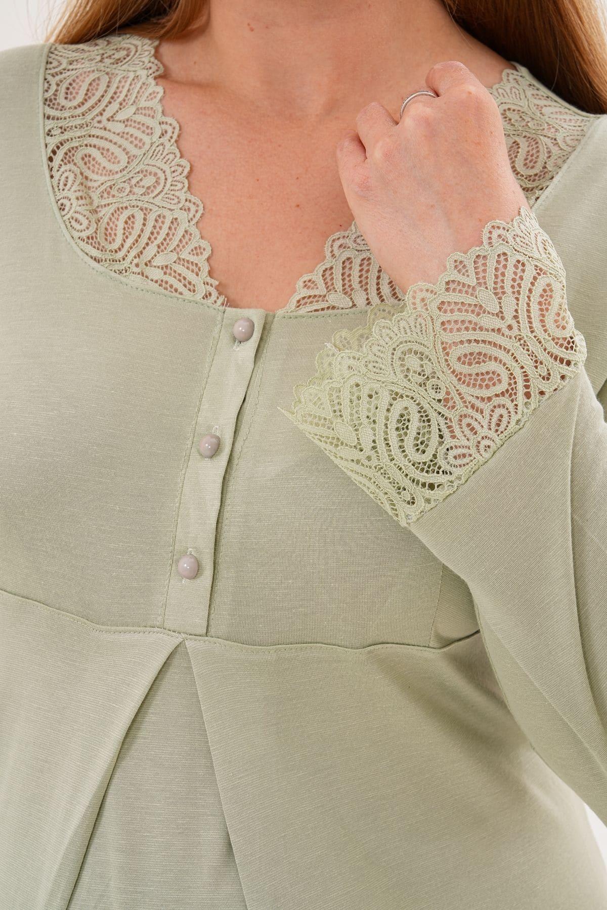 Önden Düğmeli Midi Boy Lohusa Hamile Gecelik Yeşil - 6305