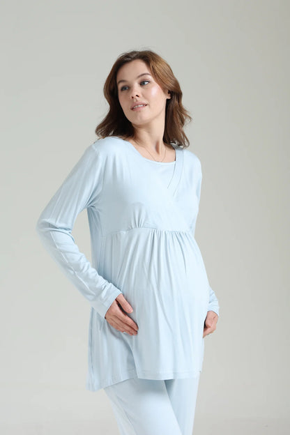 Mavi Kışlık Bebe Yaka Sabahlıklı Kruvaze Lohusa Hamile 3'Lü Pijama Takımı Mavi -1039