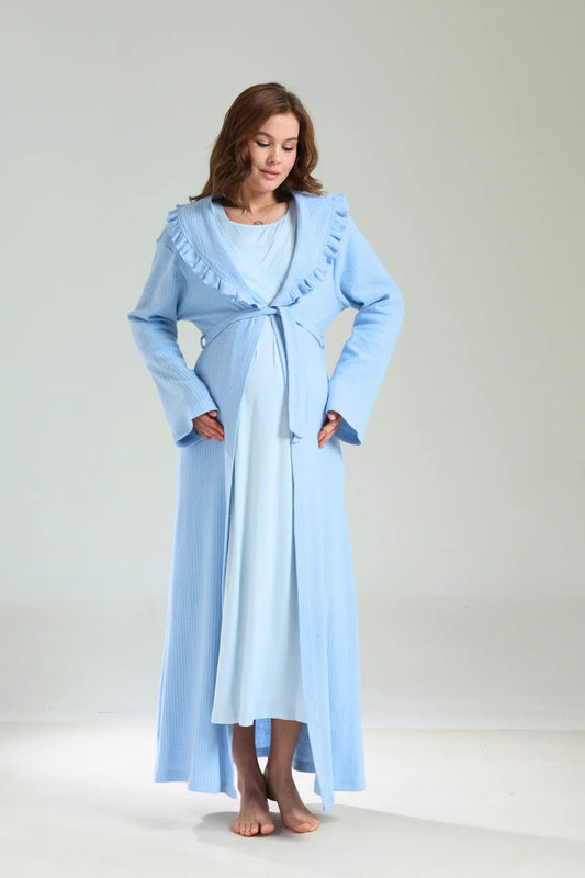 Yumuşak Dokulu Kalın Kışlık Sabahlıklı Lohusa Hamile Gecelik Takımı Mavi - 1038