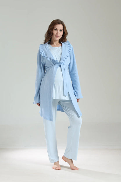 Mavi Kışlık Bebe Yaka Sabahlıklı Kruvaze Lohusa Hamile 3'Lü Pijama Takımı Mavi -1039