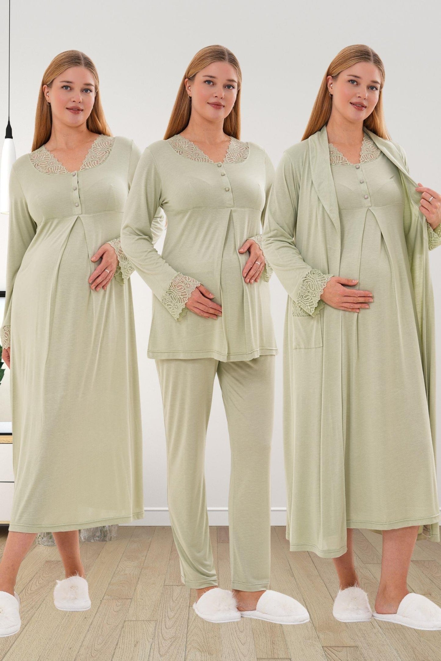 Sabahlık Gecelik Pijama Hamile Lohusa 4'Lü Set Yeşil - 6332