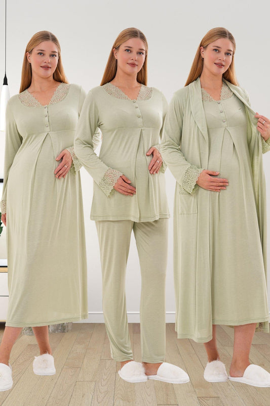 Sabahlık Gecelik Pijama Hamile Lohusa 4'Lü Set Yeşil - 6332